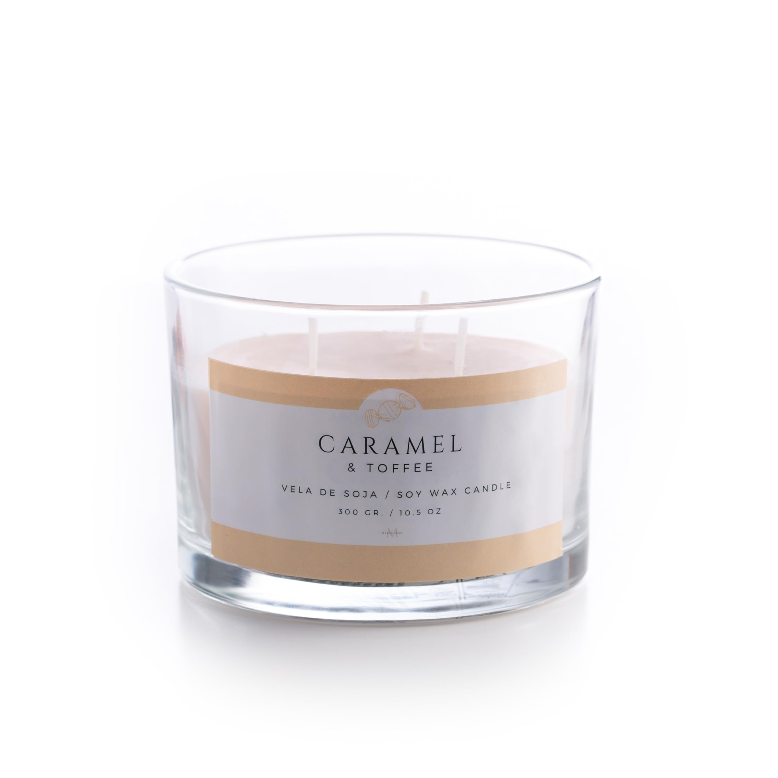 MERECUMBÉ Vela Aromática Grande | Aroma Caramelo | Cera de Soja | Larga Duración | Velas Grandes | Regalo | Ideal Mujer y Decorativa | 300gr | 3 Mechas