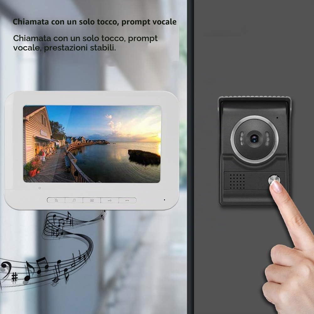 Campanello Videocitofono, Kit Videocitofono Monitor LCD 7 Pollici, Monitoraggio Supporto, Impermeabile, Visione Notturna a Infrarossi, Citofono Bidirezionale per Villa House Office(Spina UE)