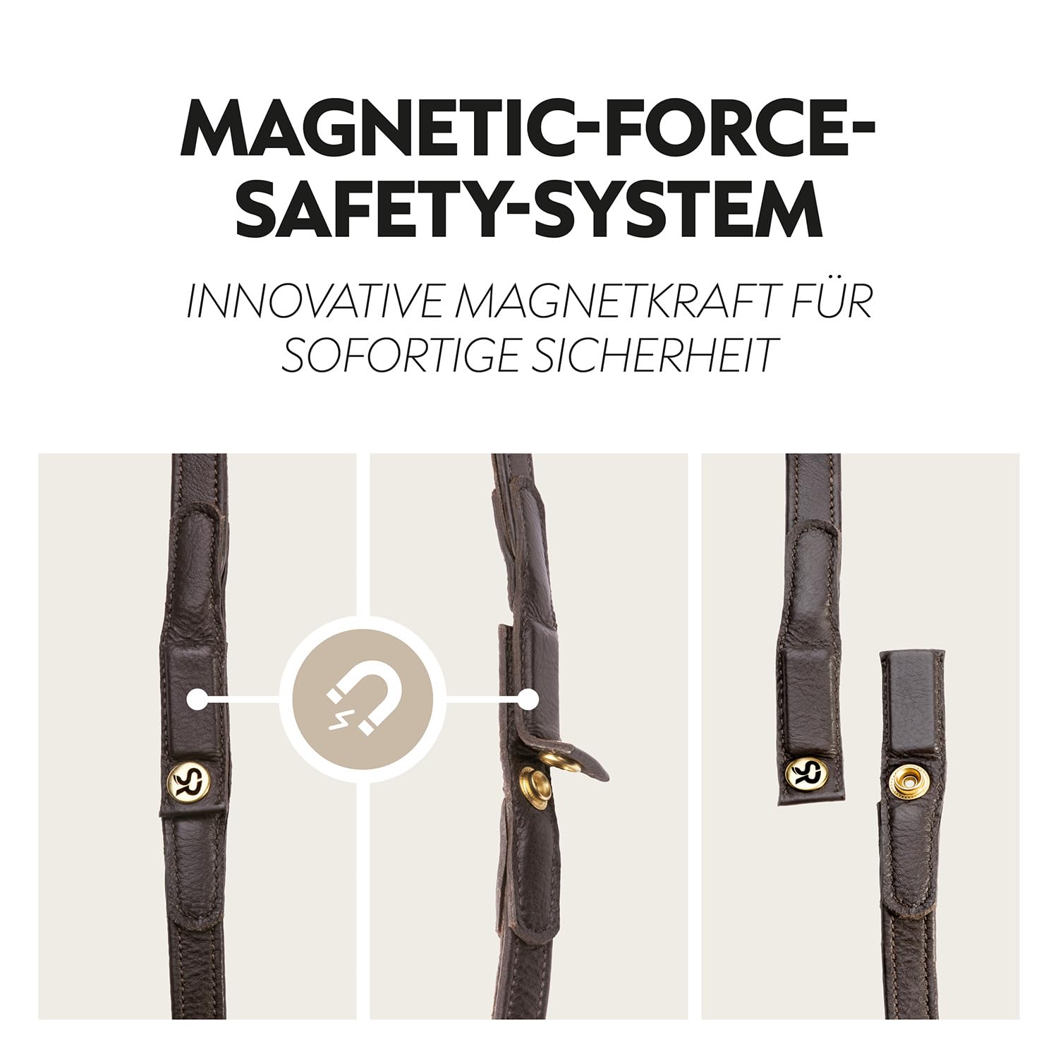 SUNRIDE riendas de Seguridad para Caballo (NoPanic) con Cierre magnético – Sistema MagneticForce – Goma con topes – Cuero auténtico Hecho a Mano – Antideslizantes y Resistentes (marrón, Full)