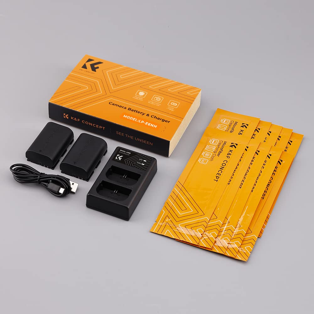 K&F CONCEPT LP-E6NH 2250mAh Batteria di Ricambio con Kit Caricabatterie USB Dual-Slot, Compatibile con Canon EOS 90D, 80D, 70D, 5D Mark II III IV, 5DS SR, 6D, 6D Mark II (2 pezzi)