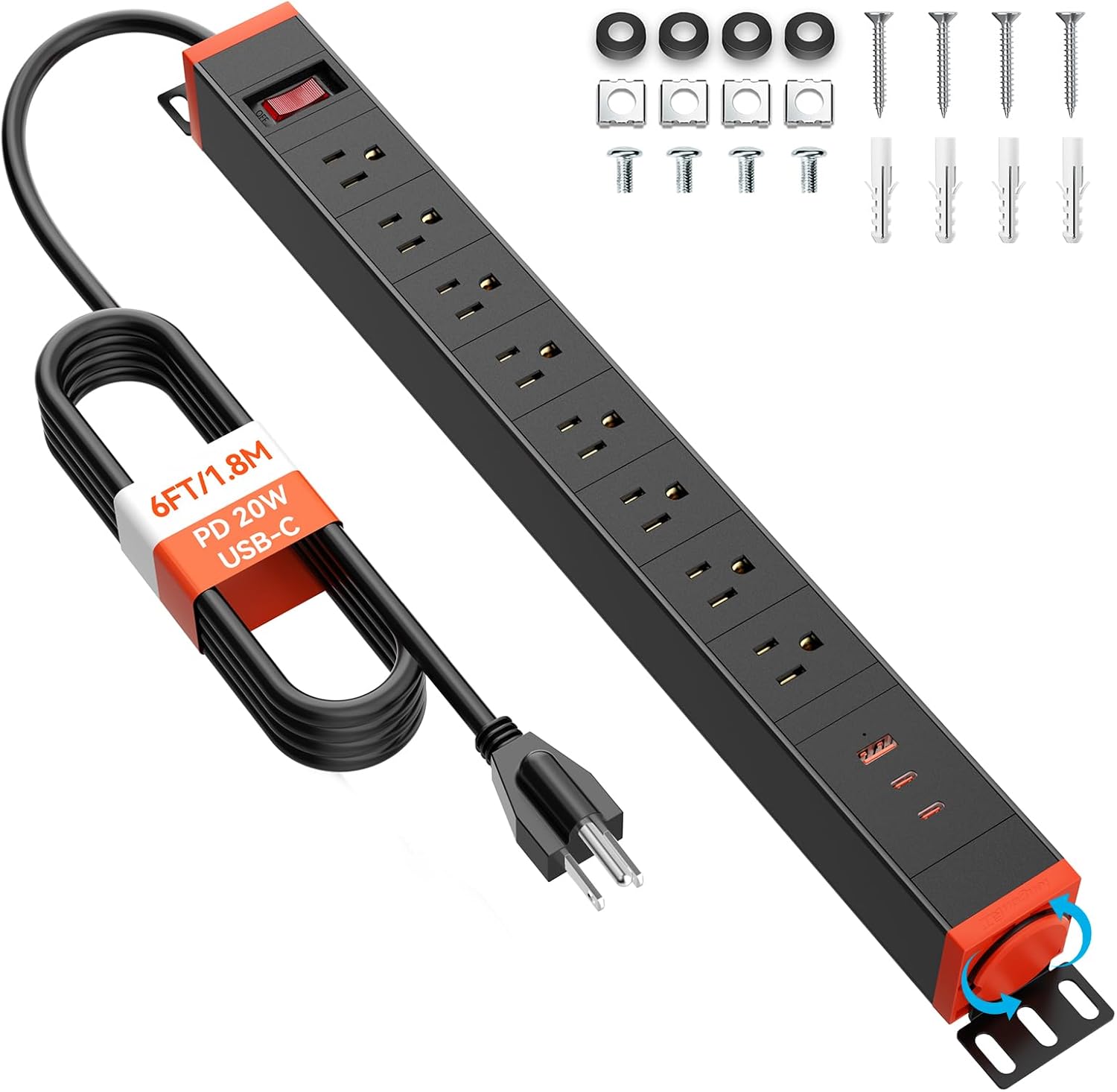 8 Outlet Long Power Strips with USB Ports, Rack Mount Power Strip Heavy Duty 360°Rotating Surge Protector Power Strips with 20W USB-C,2 USB-A,6FT Extension Cord for Office,Workbench, Garage