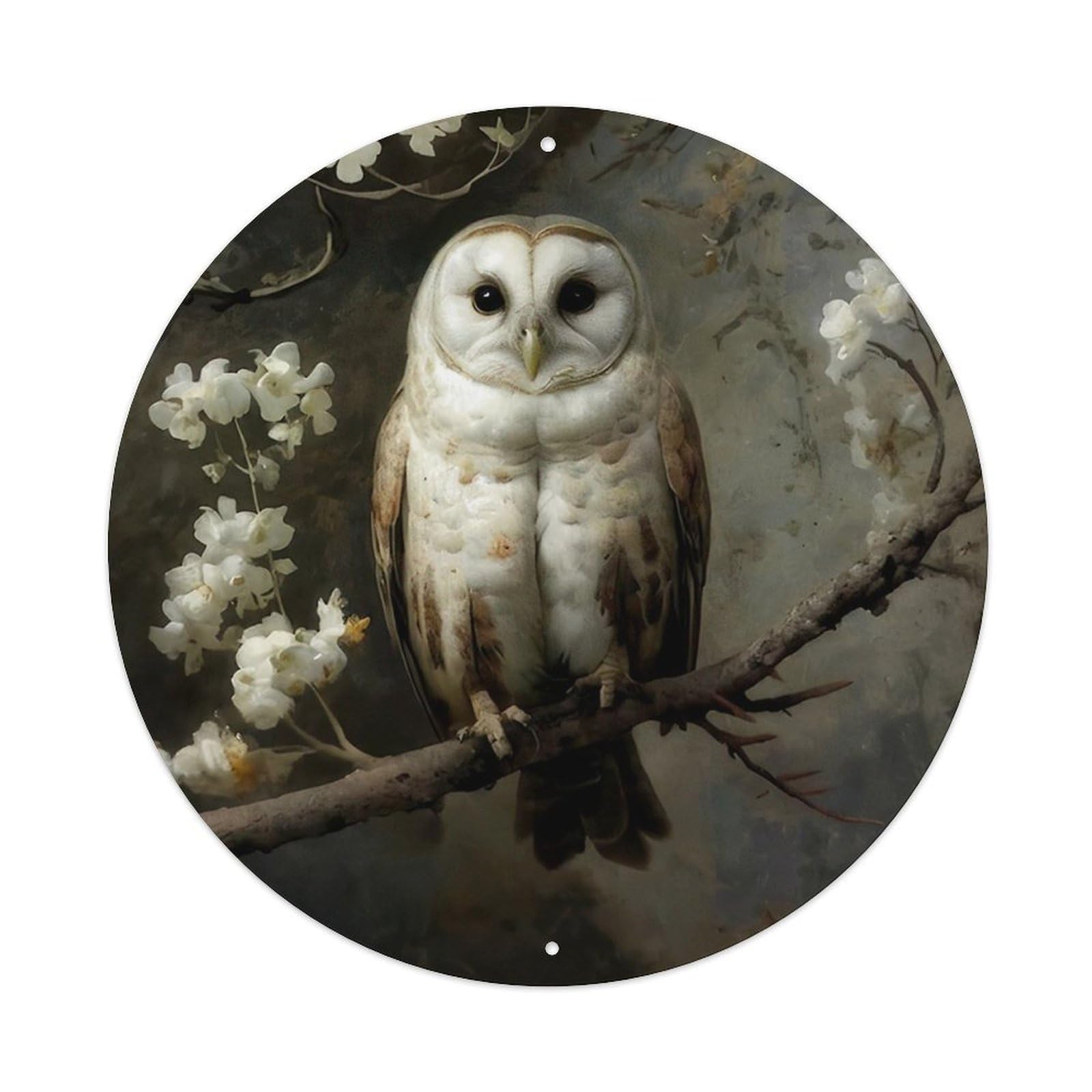 Owl Perched On Branch With Flowers Vintage Round Tin Sign Retro Metal Wall Decor Metal Poster, Home Bar Garage Cafe Wall Art Decoration 8x8Inches
