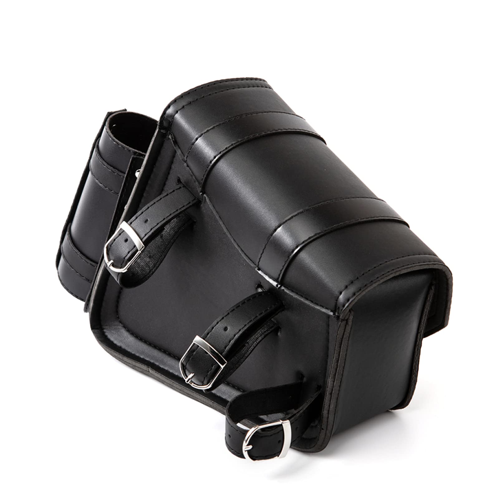 Motorrad Satteltaschen - Vintage Schwarz PU Leder Schwingentasche Seitentaschen Dreieckige Gepäck Werkzeugaufbewahrungstasche mit Wasserflaschen Getränkehalter - Linke Seite