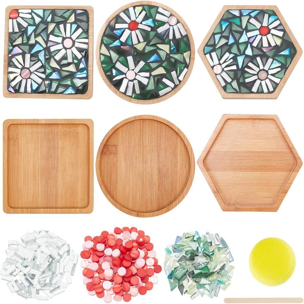 CTRLZS 3 Styles DIY Mosaic Craft Set Floral Mosaic Bamboo Coaster Set for Handmade Art Home Decoration