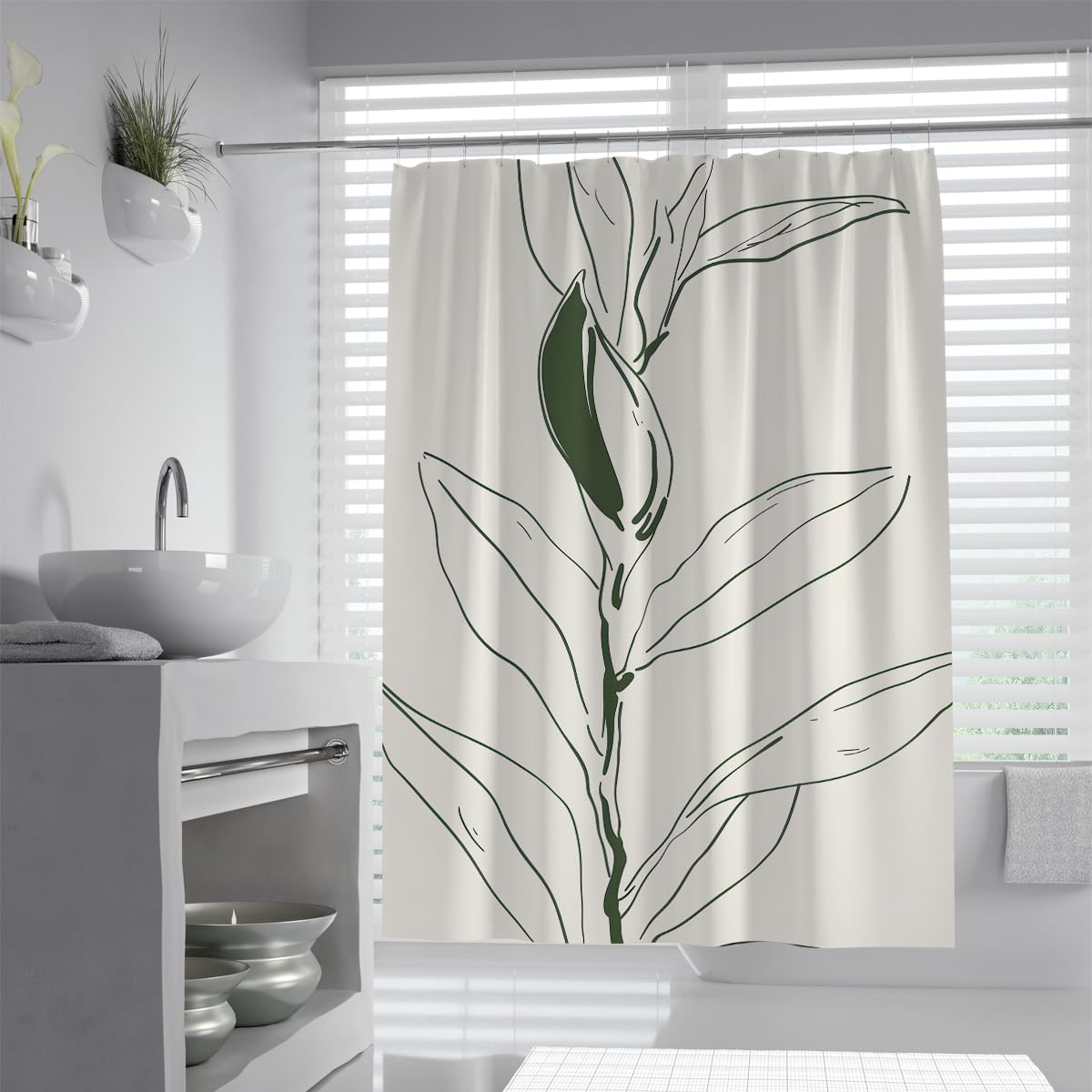 UIRINGART Green White Botanical Leaf Sketch Shower Curtains W200xL240cm Nordic Minimalist Anti Mould Waterproof Bathroom Shower Screen Decor With Hook