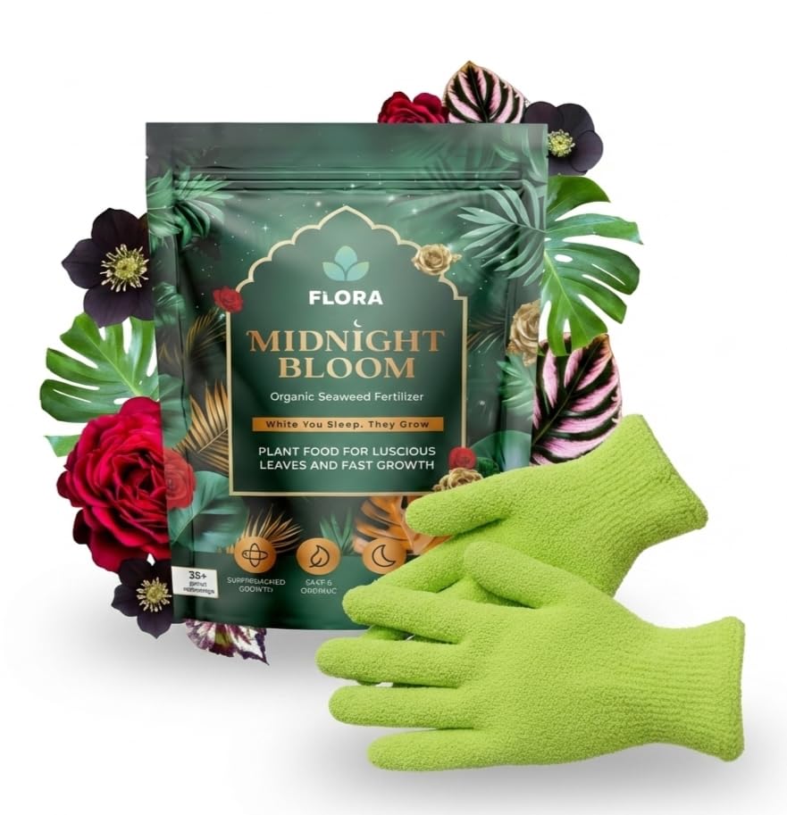 Flora Plant Care Bundle – Midnight Bloom Organic Seaweed Fertilizer + Microfiber Dusting Gloves | Fast Root Growth, Lush Leaves & Gentle Leaf Cleaning for Indoor & Outdoor Plants