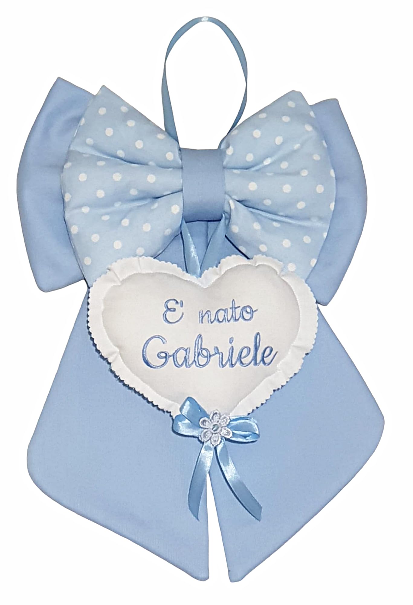 Fiocco Nascita Bimbo/Bimba con nome personalizzato sul cuore, rosa e azzurro. (Azzurro-Pois-Azzurro)