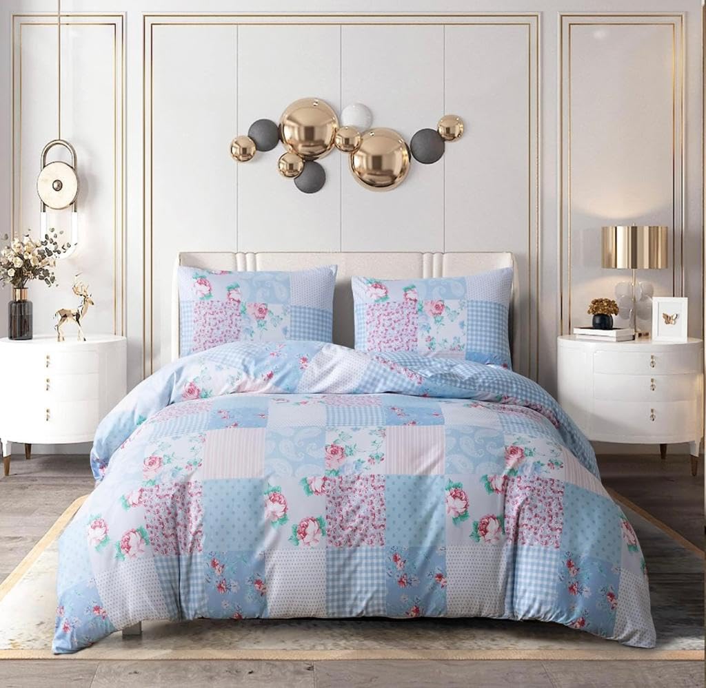 Complete Set Cotton-Polyester 4 Piece Duvet Bedding Set with an Extra Fitted Sheet” (Double, Floral Blue)