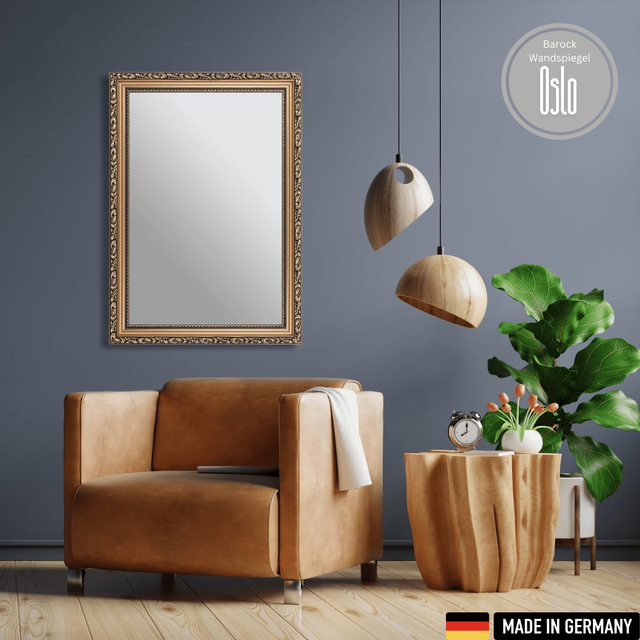 CLAMARO Oslo Barockspiegel, antik, Fichte Massivholz, Bronze, 50 x 70 cm | Handgefertigt in Deutschland, Echtglas, HDF-Rückwand, Metallaufhänger, Hoch- und Querformat, für Flur, Bad, Garderobe