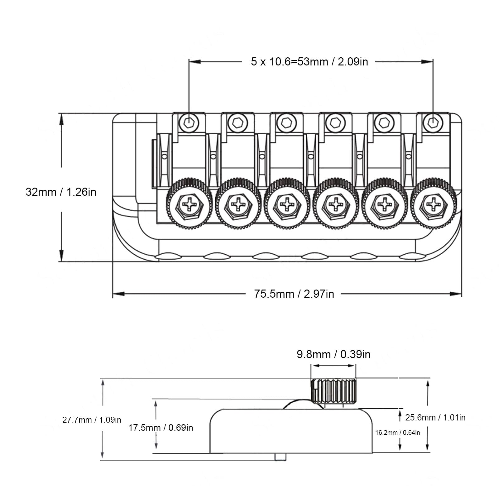 Headless Guitar Bridge Tailpiece, 6 String Electric Guitar Parts with String Lock Saddle for Headless Guitars (Black)