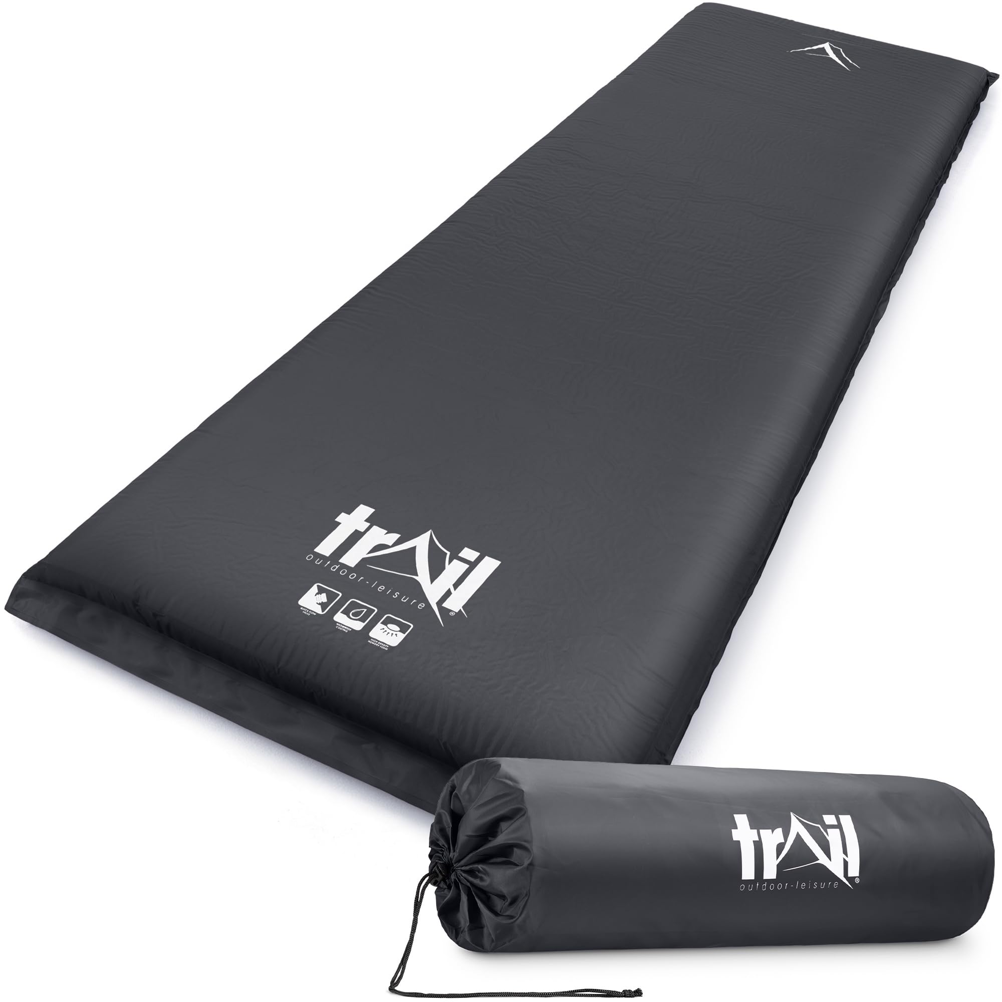Trail Extra Wide Self Inflating Sleeping Mat for Camping (L186cm x W65cm), Extra Thick 10cm Memory Foam Core, Lightweight Inflatable Outdoor Sleeping Mattress, Roll Straps & Storage Bag (Black)
