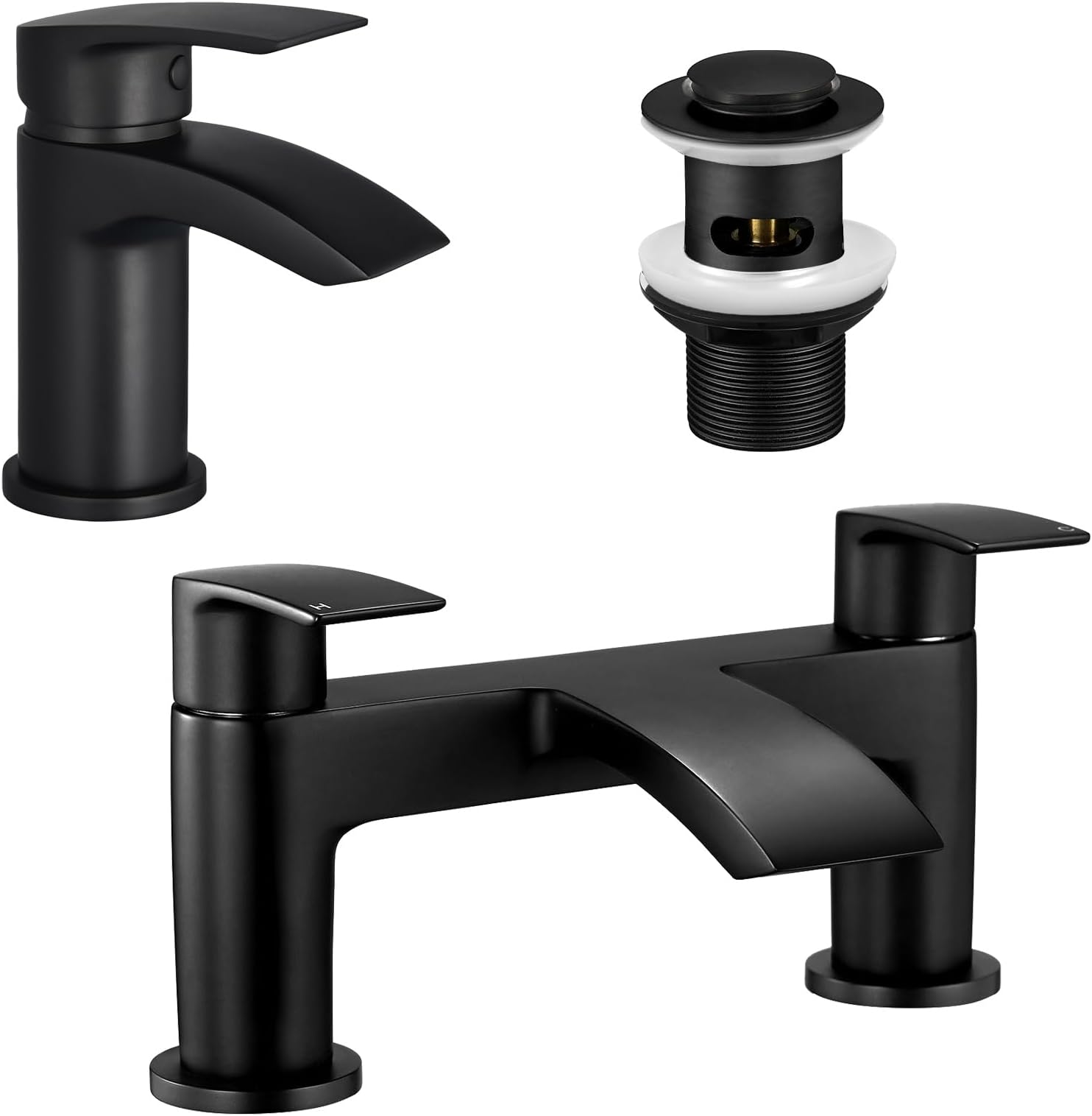 Bath and Basin Mixer Taps Set with Pop up Slotted Basin Waste Matte Black Waterfall Bathroom Sink Tap & Bathtub Filler Tap Tub Faucet Cloakroom Mono Brass Deck Mount