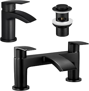 Peppermint Bath and Basin Mixer Taps Set with Pop up Slotted Basin Waste Matte Black Waterfall Bathroom Sink Tap & Bathtub Filler Tap Tub Faucet Cloakroom Mono Brass Deck Mount