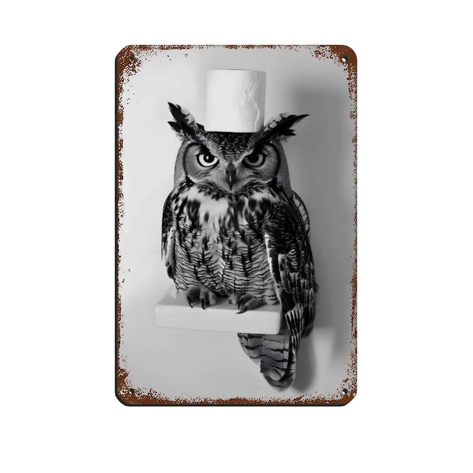 Owl with A Toilet Paper Roll on Head Tin Sign Vintage Metal Pub Club Cafe Bar Home Wall Art Decoration Poster Retro 8x12inch(20x30cm)