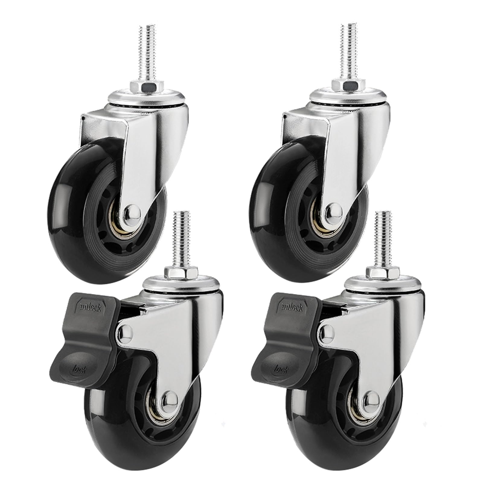 GBRJUYF Heavy Duty Threaded Stem Casters Set of 4-2.5 Inch (64mm) Rubber Wheels, Swivel & Brake, M8x25mm & M10x25mm, 150KG Load Capacity for Furniture & Carts