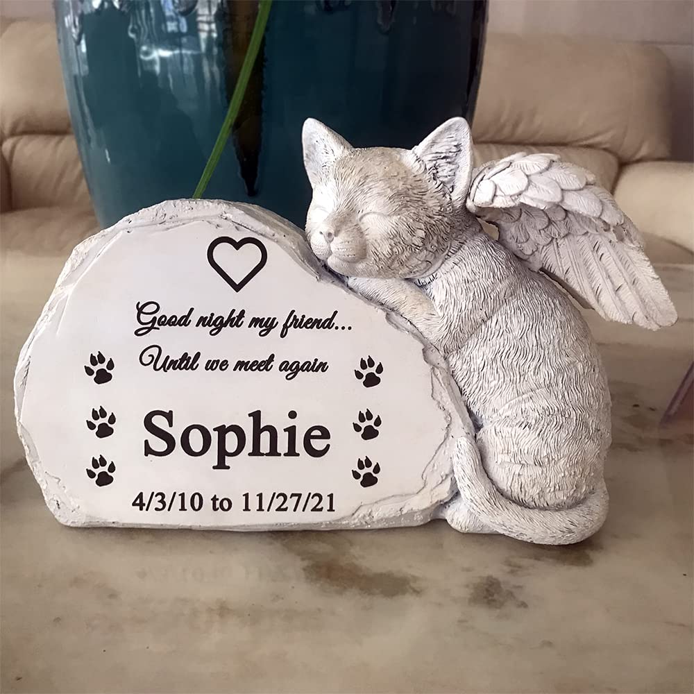 WouND Personalisierter Gedenkstein für Haustierkatzen mit schlafender Katze, Engelsstatue, Katzen-Grabmarkierungen, Grabstein für den Außenbereich, Garten, Einheitsgröße, vollfarbig