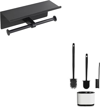 Toilet Brush and Holder Set for Bathroom,Double Toilet Paper Holder with Shelf,Matte Black Toilet Paper Holder Wall Mount -Double Black Toilet Tissue Holder