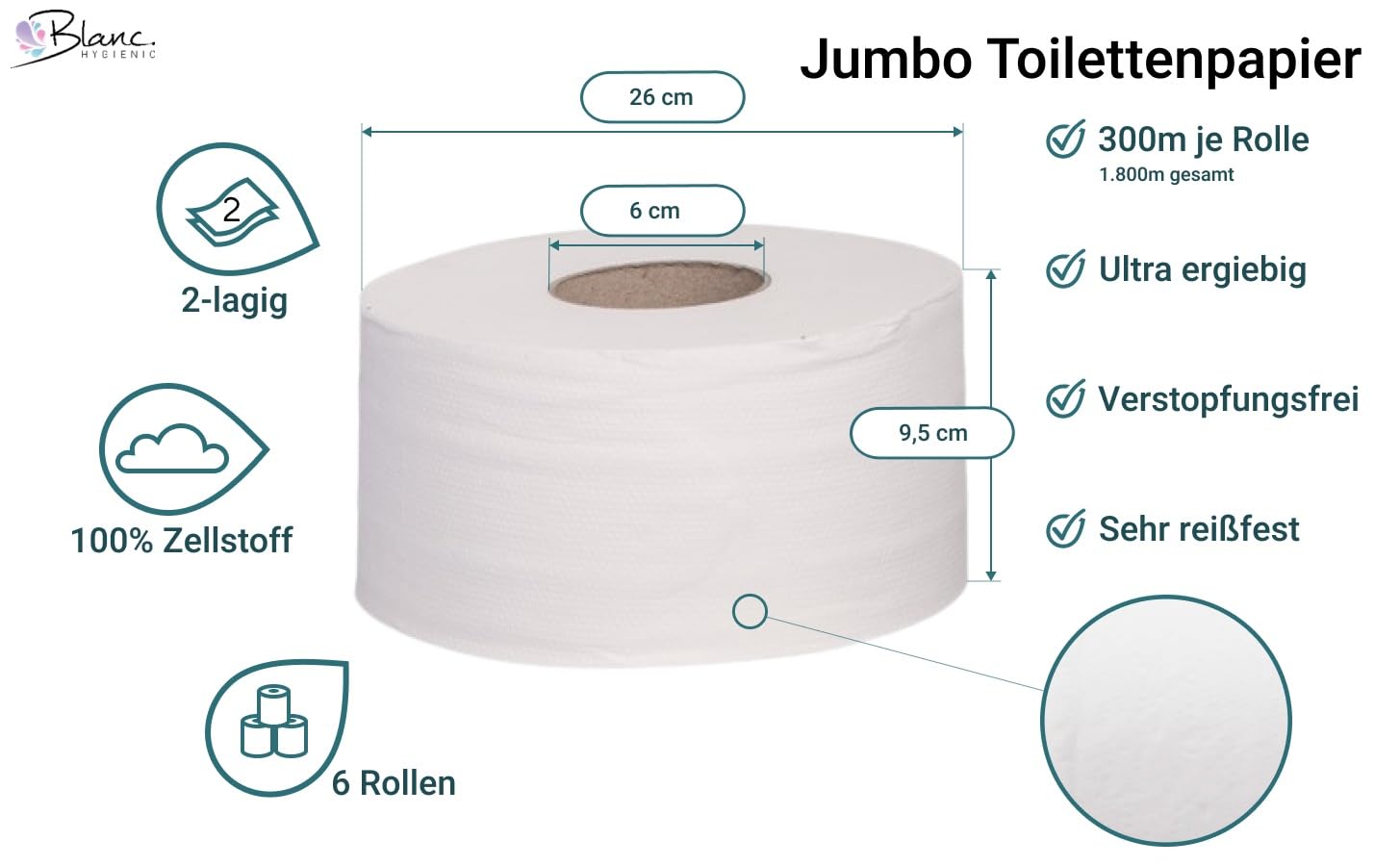 Jumbo Toilettenpapier 300 m, 6 Rollen | Jumbo-Toilettenpapier aus 100 % Zellstoff, 6 Rollen à 300 m, 2-lagig und hoch ergiebig
