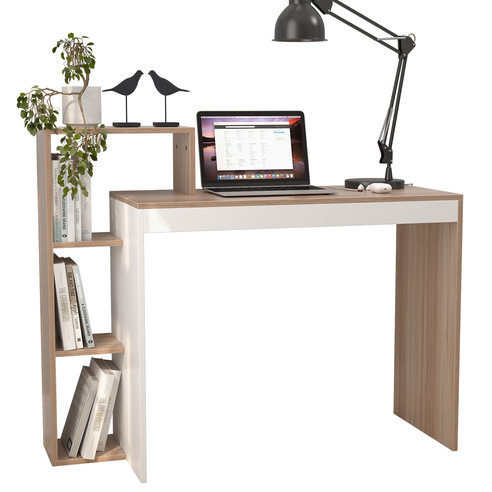 sogesfurniture BHEU-SZKST-BD-TW - Scrivania per computer portatile con ripiani, 110 x 40 x 91 cm, in teak e bianco