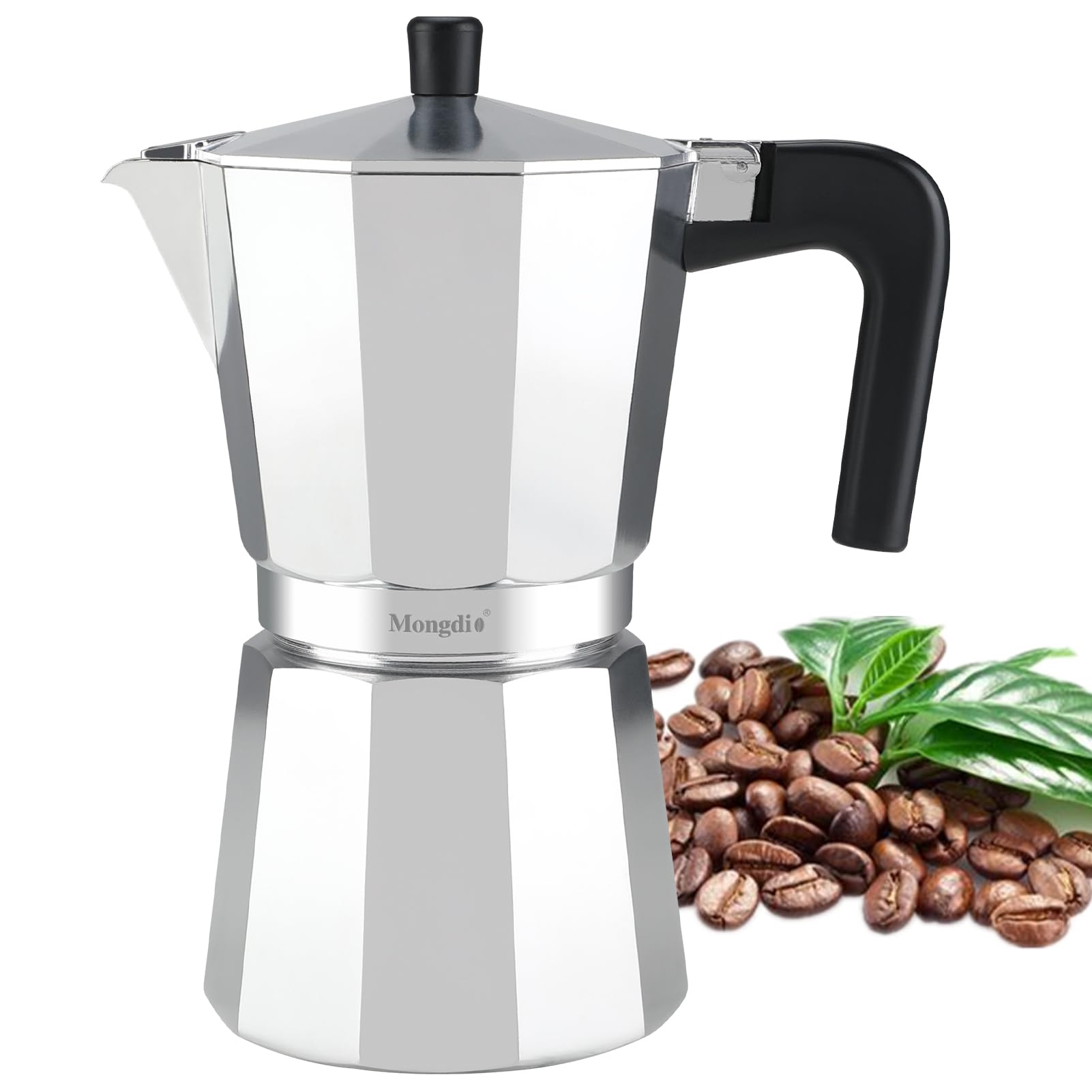 Mongdio Stovetop Espresso Maker Moka Pot, Stove Top Cuban Coffee Maker, Italian Greca Mocha Pot, 12 Espresso Cups, 20 oz - Silver
