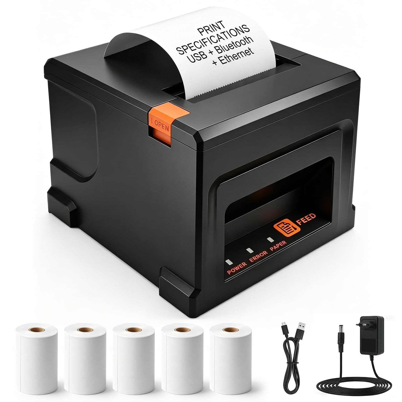 Bondrucker 80mm, Versandetiketten Drucker, USB & Bluetooth& LAN Verbindung | Etikettendrucker, 220mm/s, Inkl 5 Rollen Papier, Für Gastronomie & Einzelhandel, Unterstützung von ESC/POS