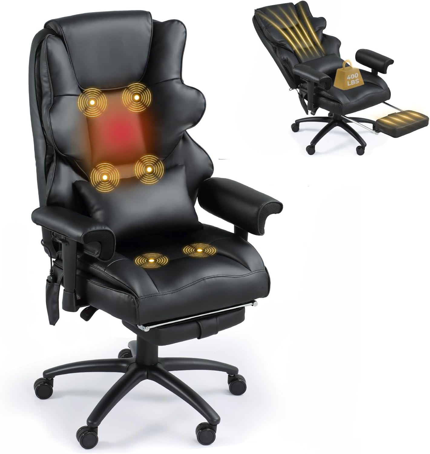 Executive Office Chair, 6-Point Massage Office Chair with Heating Function, High Back PU Leather & Ergonomic Lumbar Support