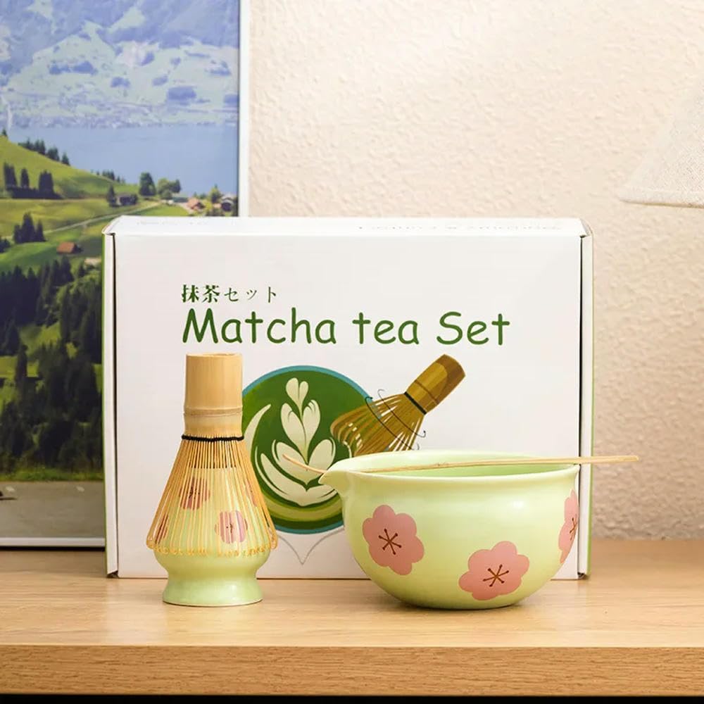 LIUXIN 4/5/7/10 Pezzi Rosa/Verde/Bianco Fiori Ciotola in Ceramica Matcha Frusta da tè Pennello per Il tè Matcha Strumenti Scatola Regalo per Gli Amanti del tè