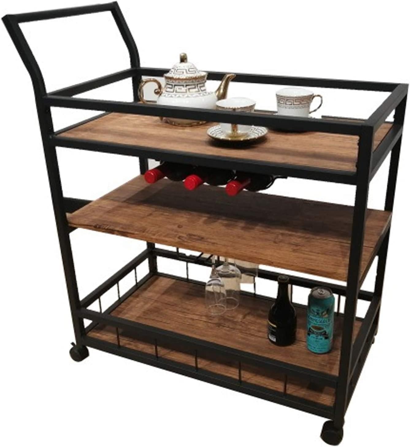 Bar Serving Carts for Home Hotel Restaurant Cart, Rolling Serving Cart Bar Serving Cart Home Rustic Mobile Kitchen Serving cart Industrial Vintage Style Wood Metal Serving Trolley