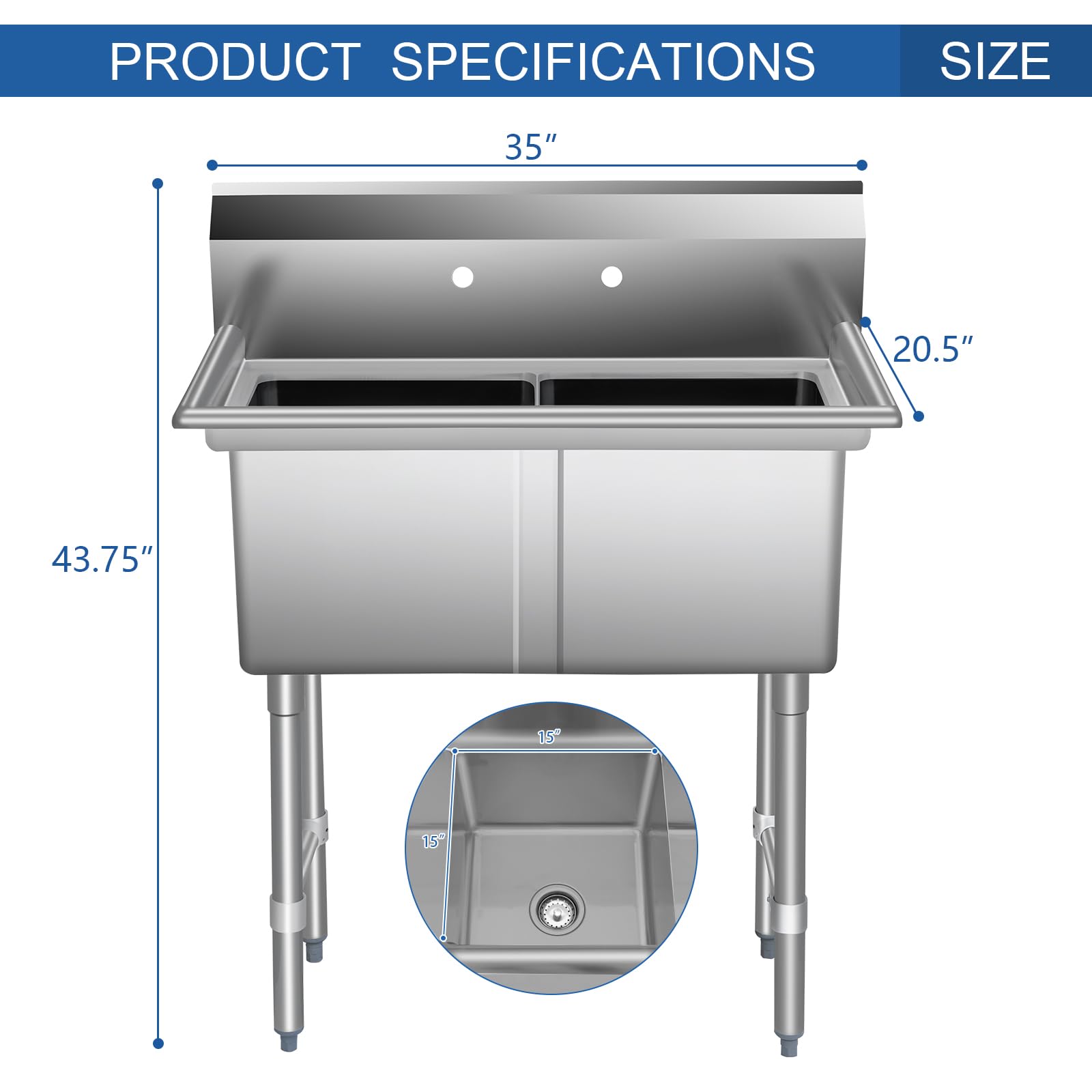 HARDURA Stainless Steel 2 Compartment Sink Freestanding NSF Certified Commercial Utility Basin With Two 15
