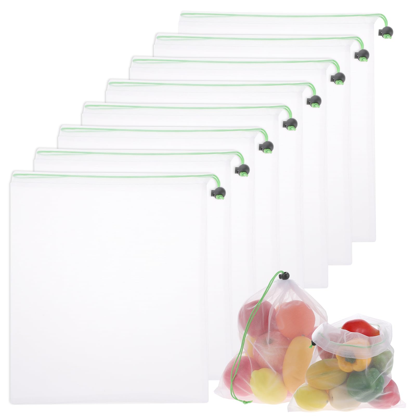 Sacs réutilisables en filet pour fruits et légumes, lot de 8 avec cordon de serrage