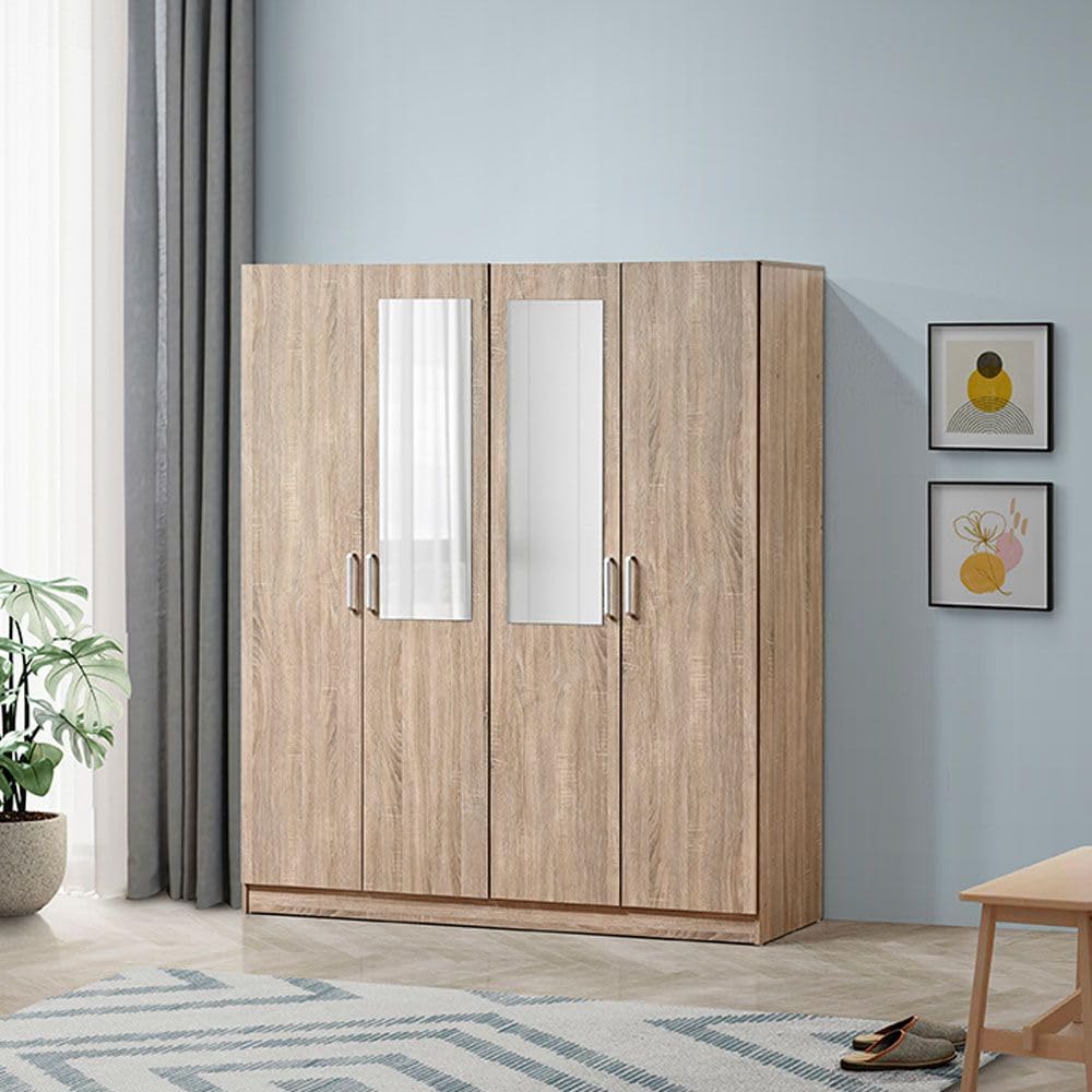 Danube Home Supreme 4 Door Wardrobe With Mirror | Extra Sturdy Closet, Clothes Storage Cupboard | Modern Design Space Saving Swing Door Cabinet For Bedroom L160xW52xH190cm - French Sonoma Oak