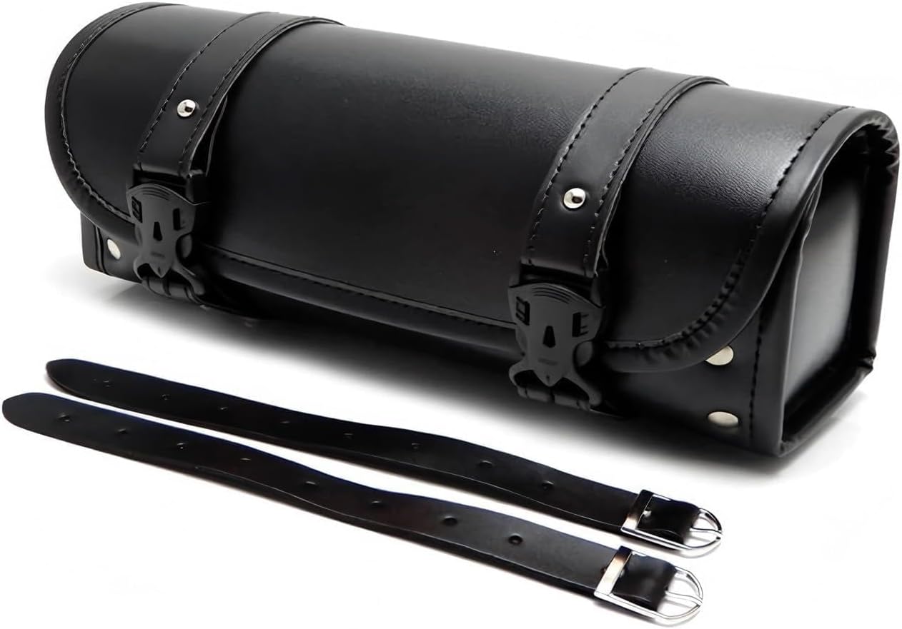 Motorcycle Handlebar Bag, Waterproof Tool Saddle Bag for Fork or Sissy Bar Mount, Vintage PU Leather Storage Pouch with Adjustable Straps, for Most Motorcycles Bikes (Black)