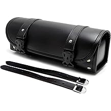 Motorcycle Handlebar Bag, Waterproof Tool Saddle Bag for Fork or Sissy Bar Mount, Vintage PU Leather Storage Pouch with Adjustable Straps, for Most Motorcycles Bikes (Black)