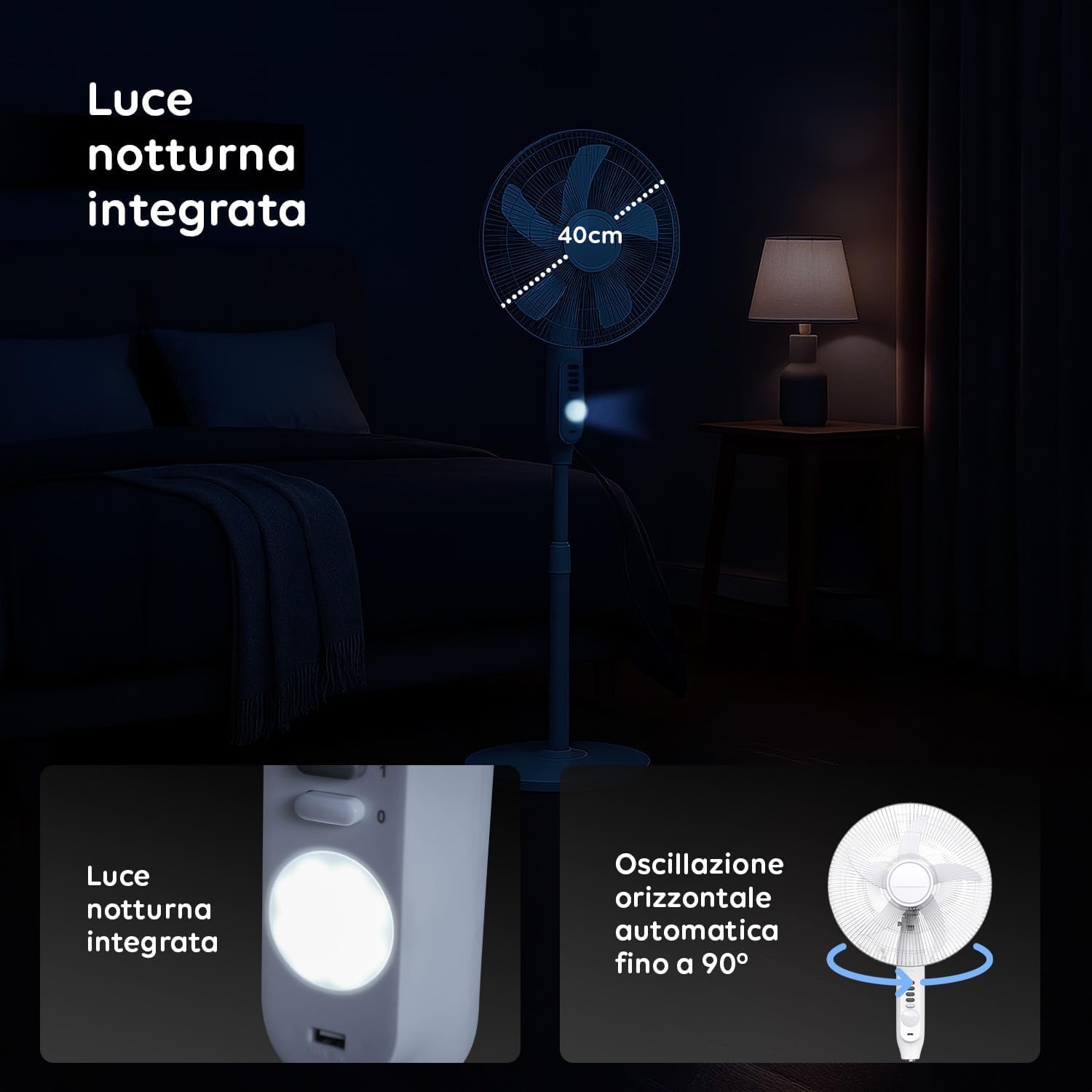 Ventilatore a Piantana con Luce LED con pannello solare, funziona senza corrente - Con Porta USB per ricarica dispositivi - Ideale per camper, barche, roulotte