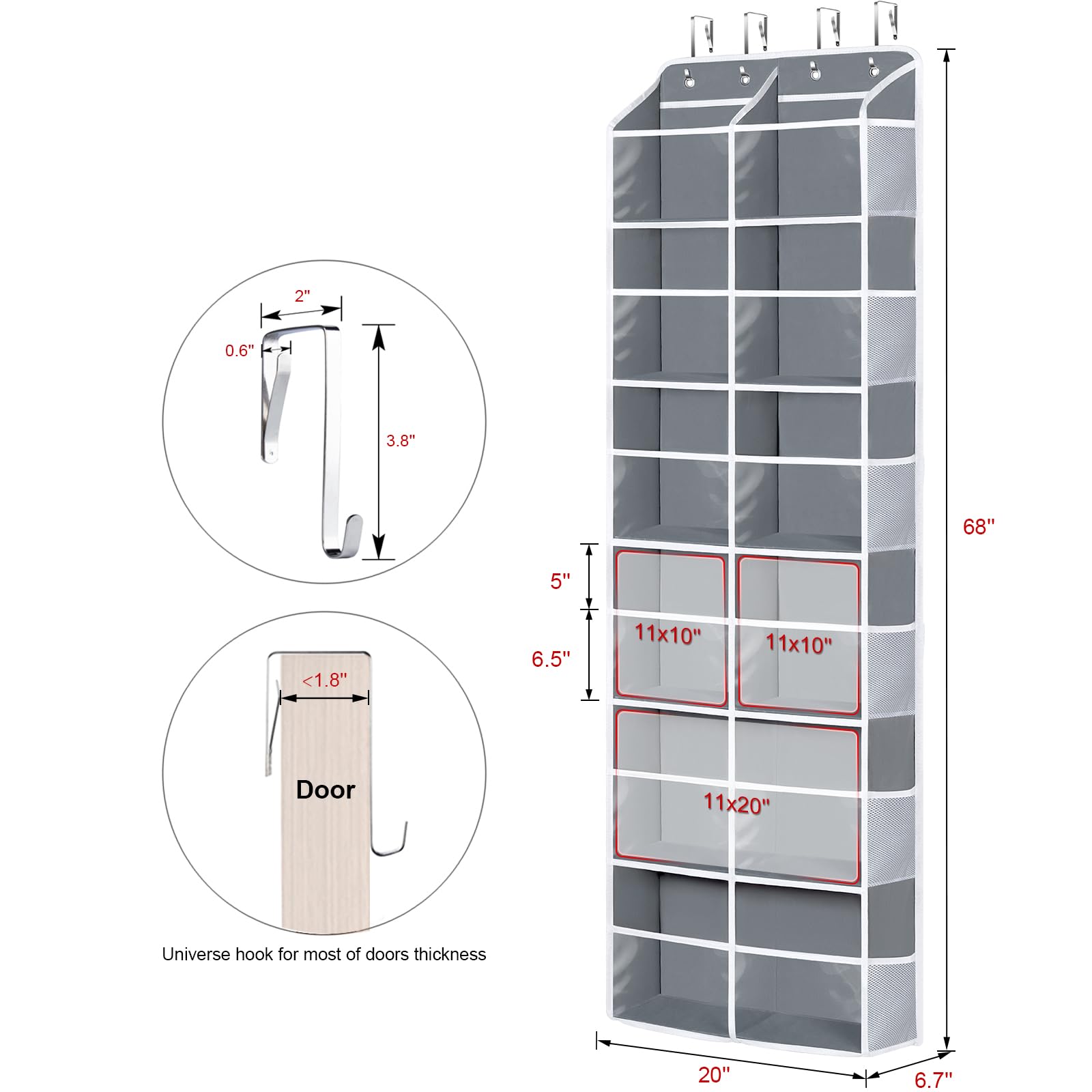 Univivi Over The Door Organiser 6-Shelf, Extra Large Behind Door Storage with Clear Deep Pockets & 12 Mesh Pockets - Image 3