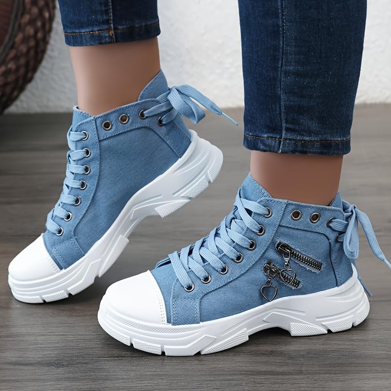 Women's Platform Side Zipper Design Canvas Shoes, Casual Lace Up Outdoor Shoes, Comfortable Valentine's Day Sneakers2