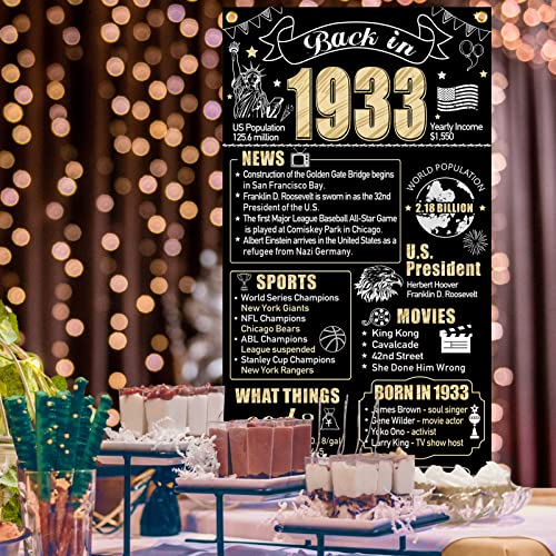 90Th Birthday Decorations Back In 1933 Door Banner For Men Women, Black Gold Happy 90 Birthday Door Cover Party Supplies, Ninety Year Old Bday Backdrop Sign Decor For Outdoor Indoor #TOP2