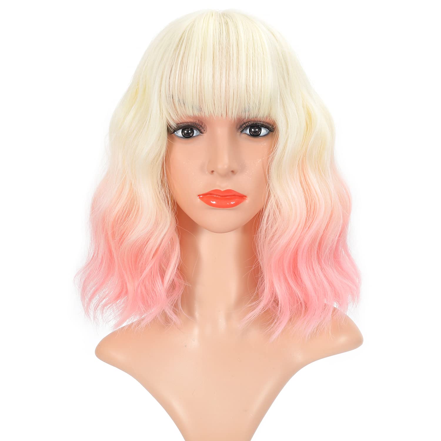 VCKOVCKO Ombré-Bob-Perücke mit Luft-Pony, zweifarbig, natürlich, lockig, gewellt, kurz, kurz, schulterlang, synthetische Cosplay-Perücke für Mädchen, bunte Perücken (30,5 cm, 613-Hellrosa)