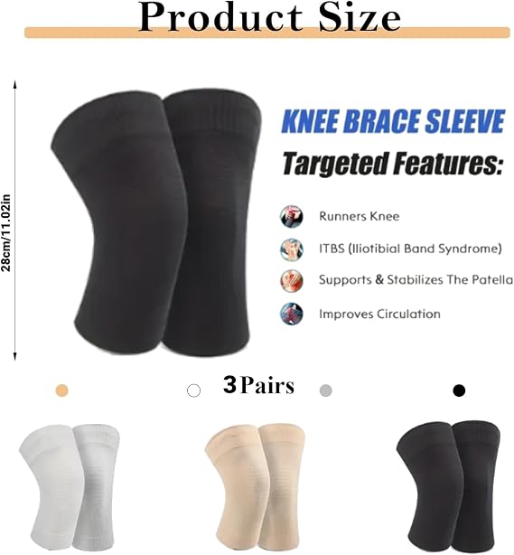 3Pairs Knee Compression Sleeves for Women Men, Lightweight Thin Knee Sleeves for Knee Pain Relief, Non-Slip Knee Brace for Dancing Yoga Running Cycling (11Inch Long)