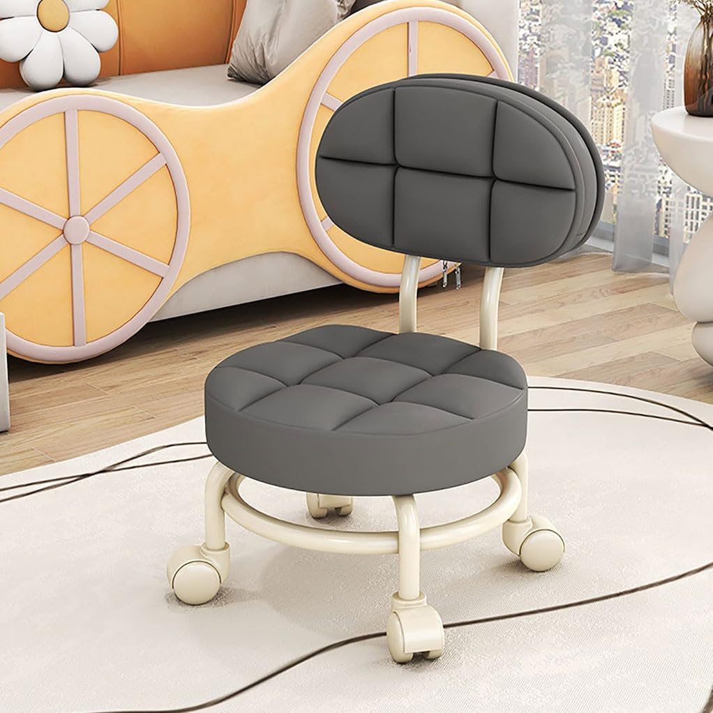 Low Roller Stool with 360° Swivel Wheels, Low-Height Short Rolling Stool Seat, PU Leather Small Mechanic Chair, Rolling Stools with Backrest for Pedicure, Garage, Shop, Library Grey
