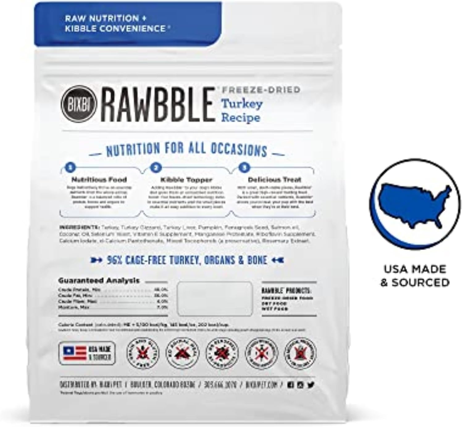 BIXBI Liberty Freeze-Dried Dog Food Topper & Treats, Turkey – 96% Meat & Organs, No Refrigeration – USA Made, 12 oz