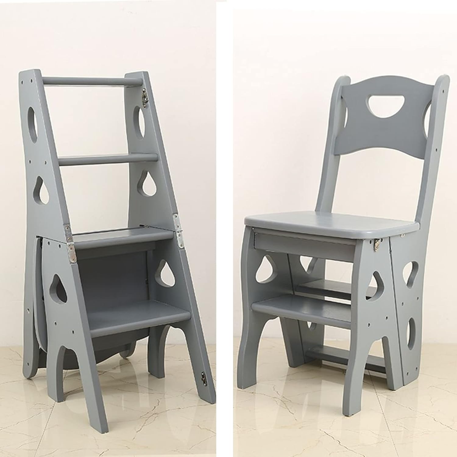 4 Step Ladder Chair Combination,Folding Step Stool Wooden Stairs Chair Library Climb Ladder Bookshelf Display Shelves Stepladders for Household Kitchen