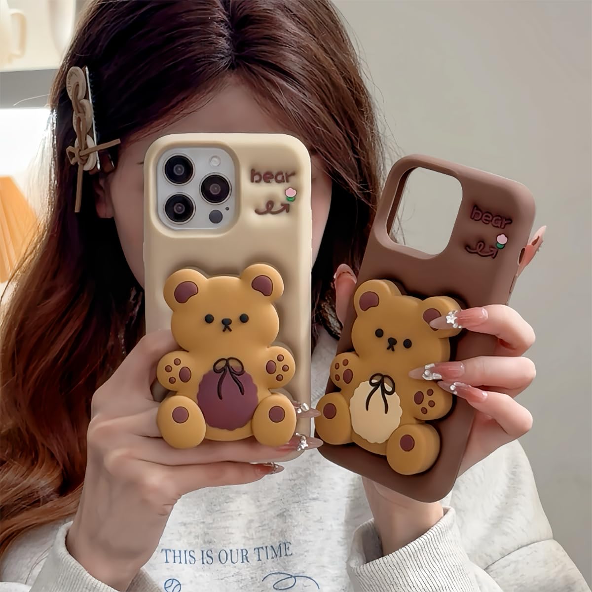 SGVAHY Custodia per iPhone 13 Pro Max Cute Kawaii 3D Cartoon Flower Bear Rosa Morbido Silicone Bumper Antiurto Cover Protettiva per Bambini Ragazze