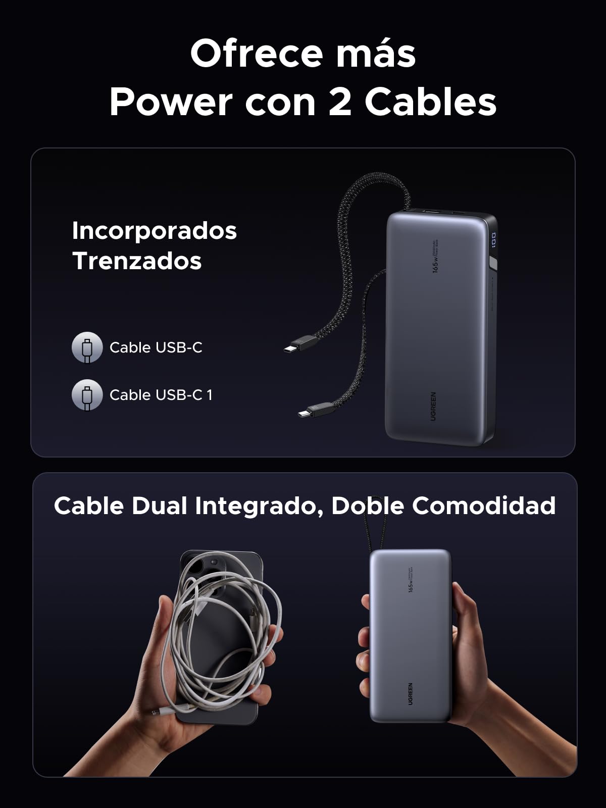 UGREEN Nexode 165W Power Bank 25000mAh Batería Externa Carga Rápida PD 140W | 4 EN 1, 2 Cables USB C, 2 Puertos 1C1A, Cargador Portátil PC, LED, Compatible con iPhone 17 16 15 Galaxy S26 S25 iPad MacBook