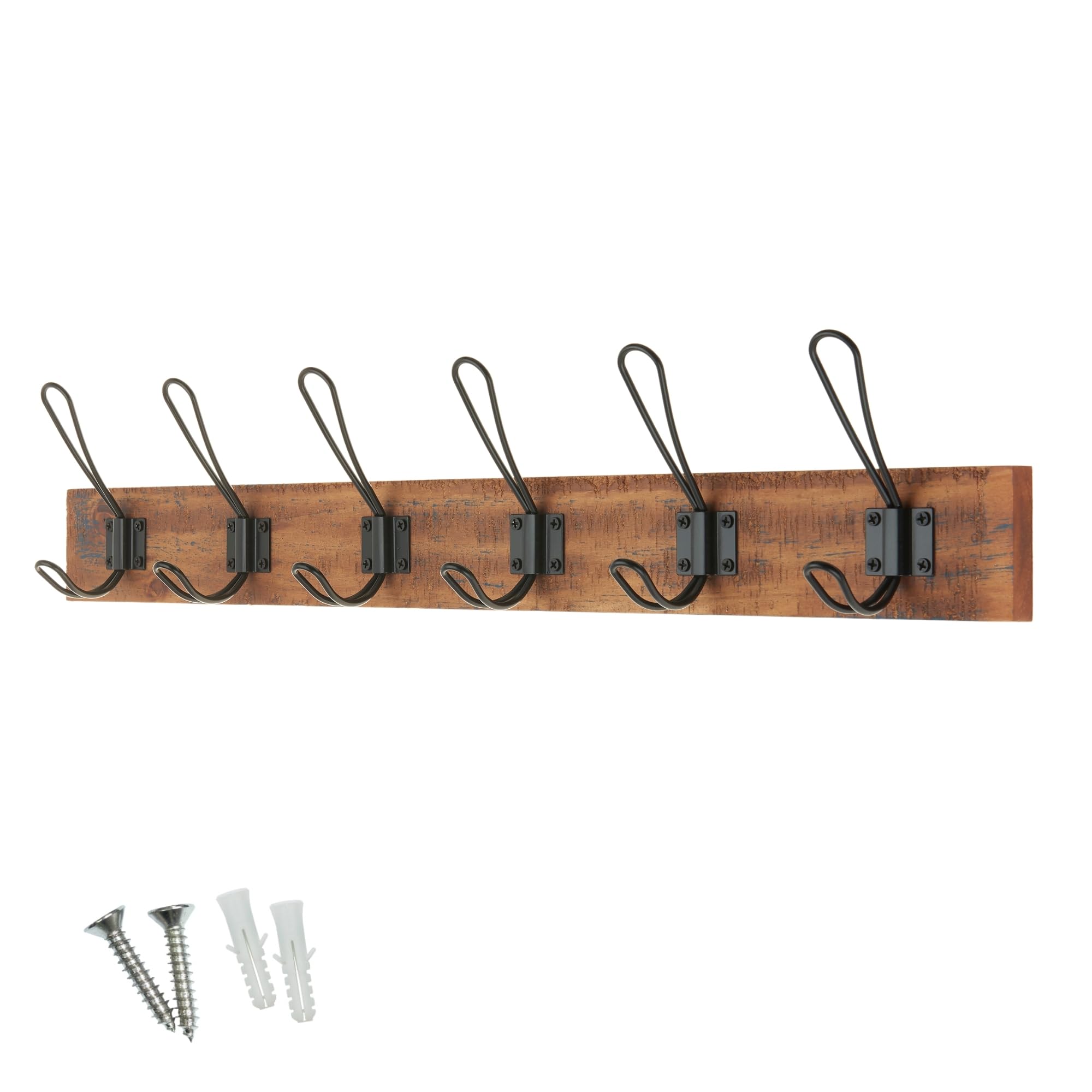 Keypak Antique Finish Rustic Wall Mounted Coat Rack, Double Wire Hooks On Wooden Base, Ideal For Entryway Hallway Living Room Bathroom, Fixings Included (6 Hooks, )