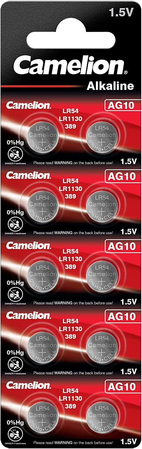 Camelion 12051010 - Alkaline Knopfzellen-Batterie ohne Quecksilber AG10/LR54/LR1130/389 mit 1,5 Volt, 10er Set, Kapazität 78 mAh