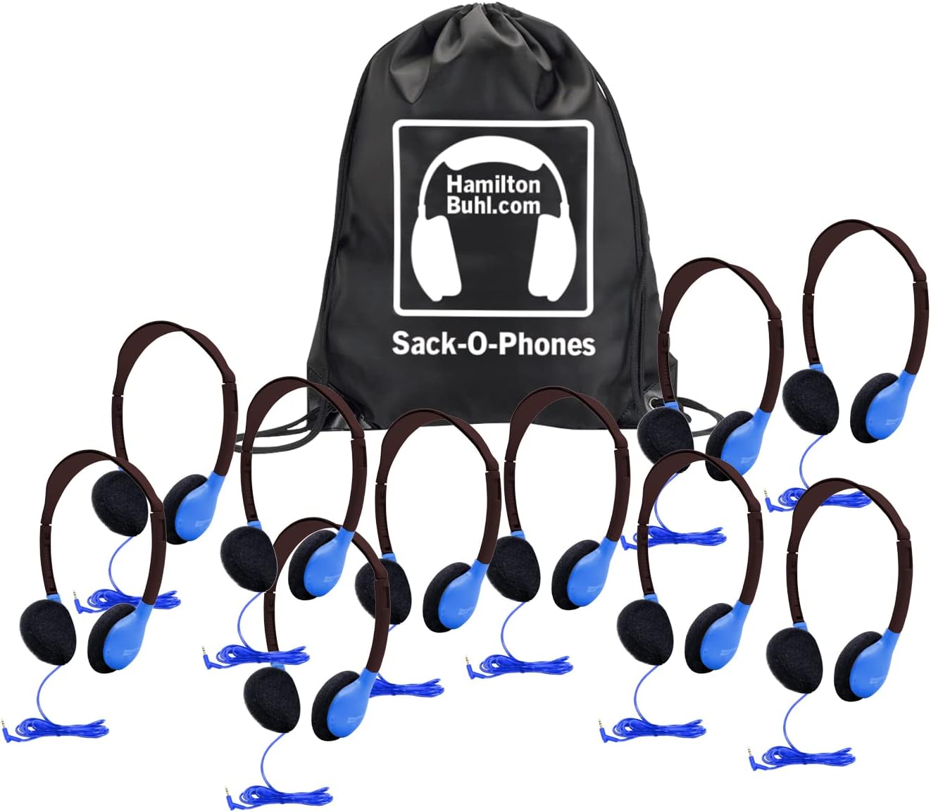 Sack-O-Phones, 10 Personal Headphones in a Carry Bag, Blue, 10PK