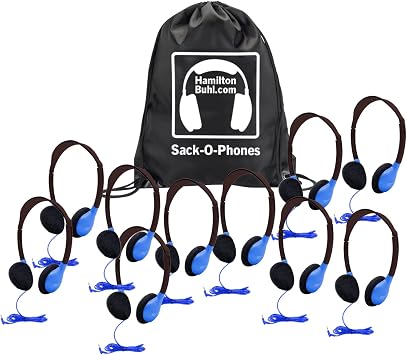HamiltonBuhl Sack-O-Phones, 10 Personal Headphones in a Carry Bag, Blue