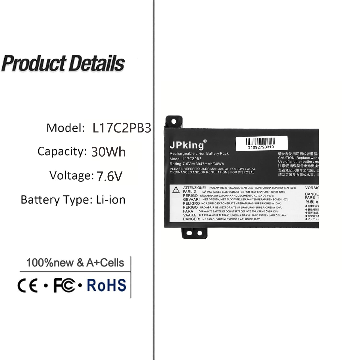 JPking L17C2PB3 L17M2PB3 L17L2PB3 Batteria per Lenovo V130-15IGM-81HL V130-15IKB-81HN V330-15IKB-81AX V330-15ISK-81AW V530-14IKB V530-15IKB L17L2PB4 L17M2PB4 5B10P53995 5B10P54004 5B10R32998