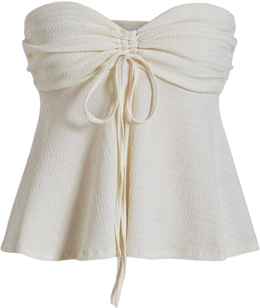 Milumia Women Tie Front Ruched Tube Top Summer Strapless Flared Hem Peplum Bandeau Tops
